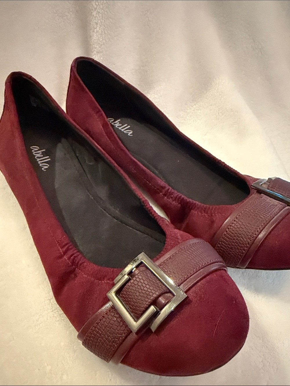 Abella Burgundy Suede Ballet Flats with Buckle Accent - Picture 2 of 6